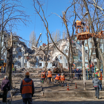 View of the residential buildings destroyed by a missile in Zaporizhzhia on March 02, 2023.