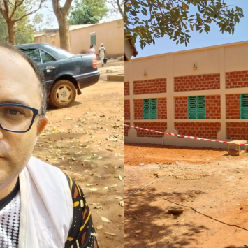 À esquerda, Vagner Mendes, gerente de logística de MSF; à direita, estrutura de saúde em construção em Bobo Dioulasso, em Burkina Faso. © Arquivo pessoal